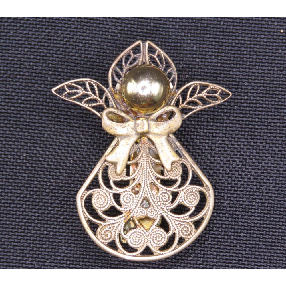 Vintage Brooch Pin Gold Tone Guardian Angel With Bow Filigree Design, Gift Box
